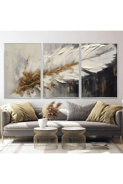 KOLAJTASARIM Hafif Dokunuşlar: Beyaz ve Altın Tüy Üçlü Metal Çerçeveli Tablo Seti
