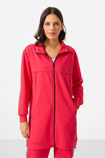 TOMMY LIFE Viva Red Stand Collar Zippered Cotton Women's Tracksuit Tunic Set - 95346