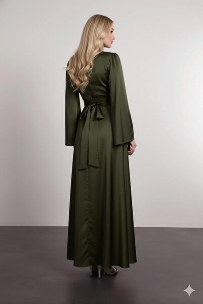 Efour Σατέν βραδινό φόρεμα με ισπανικό μανίκι που τυλίγεται γύρω από τη μέση