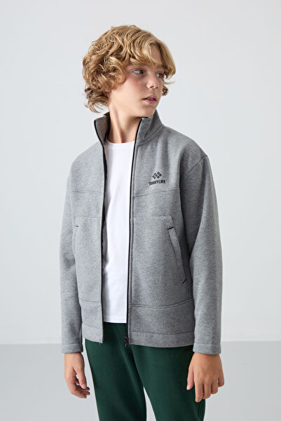 TOMMY LIFE Šedá melanžová bavlněná mikina pro chlapce se silným vnitřním chlupem, standardního střihu, s výšivkou - 11245