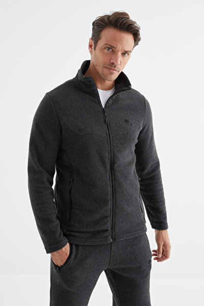 TOMMY LIFE Ανδρικό σετ αθλητικής φόρμας από φλις Anthracite Melange με όρθιο γιακά, βασικό φερμουάρ, τσέπες και κανονική εφαρμογή - 85193