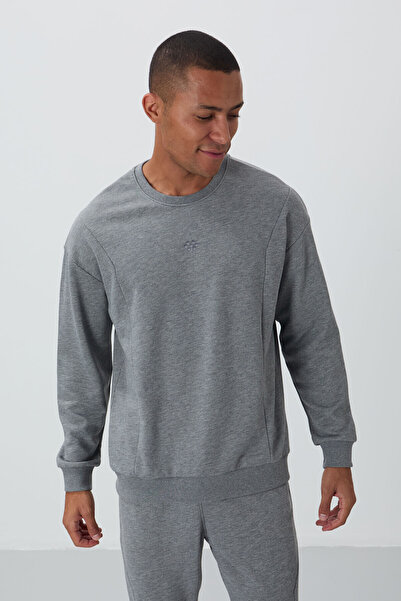 TOMMY LIFE Gray Melange Compact Cotton Thick Smooth Textured O Neck Comfort Fit Men's Tracksuit Set -85263