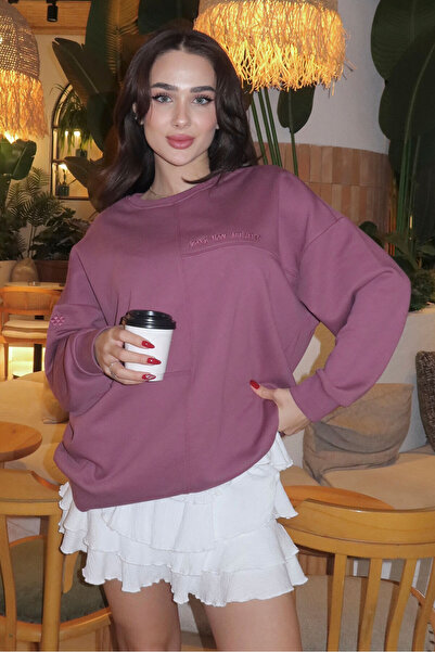 TOMMY LIFE Soft Vişne Kompakt Pamuklu Kalın Pürüzsüz Dokulu O Yaka Oversize F...