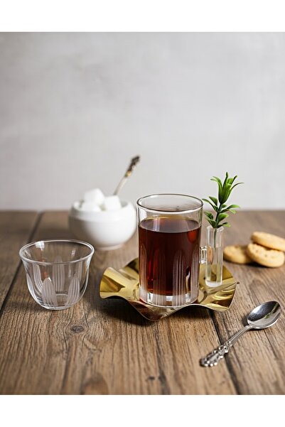 DECOSTYLE 18-Piece Modern Glass Tea and Coffee Cup Set with Gold Steel Plates...