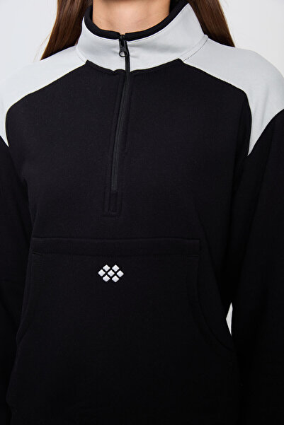 TOMMY LIFE Γυναικεία αθλητική φόρμα χοντρή και λεία υφή Μαύρη Oversize - Stand Collar - 95342