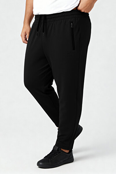 TOMMY LIFE Black Zippered Classic Leg Battal Plus Size Men's Sweatpants - 84947