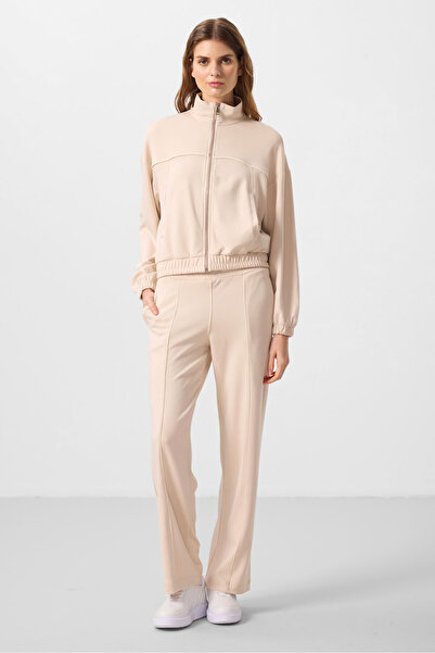 TOMMY LIFE Μπεζ μαλακή υφή γιακάς υπερμεγέθη ελαστική γυναικεία αθλητική φόρμα - 95349