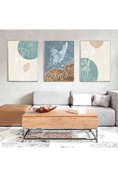 KOLAJTASARIM Bohem Mavi Yeşil Soyut Metal Çerçeveli Tablo Seti /S
