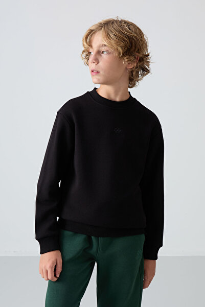 TOMMY LIFE Boy's Embroidered Black Cotton Sweatshirt - Thick Feather Inside, Soft Texture - 11232