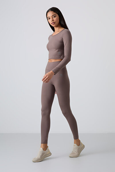TOMMY LIFE High Waist Long Sleeve Brown Slim Fit Crop Top and Leggings Set - 95286