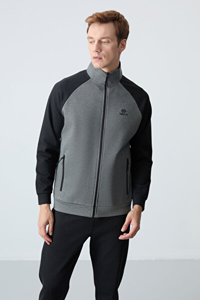 TOMMY LIFE Çağla Black Men's Tracksuit Set - Stand Collar, Double Color, Comfortable Form - 85113