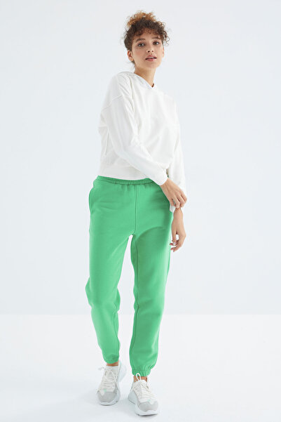 TOMMY LIFE Water Green High Waist Raised 3 Thread Cotton Basic Women's Sweatpants - 94624