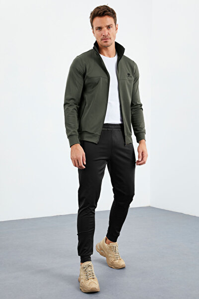 TOMMY LIFE Khaki-Black Stand Collar Zip-Up Men's Tracksuit Suit with Standard Fit Cuff - 85160