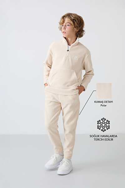 TOMMY LIFE Fiú gyapjú tréningruha szett - bézs, hímzett, vastag, puha textúra - 11218