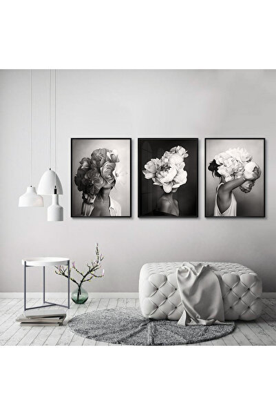 KOLAJTASARIM Çiçek Başlıklı Figürler: Üçlü Metal Çerçeveli Tablo Takımı