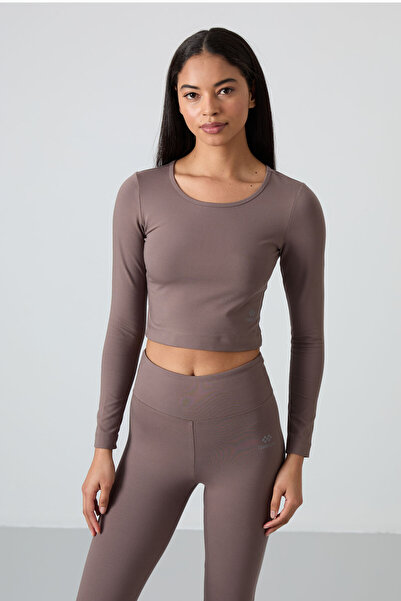 TOMMY LIFE High Waist Long Sleeve Brown Slim Fit Crop Top and Leggings Set - 95286