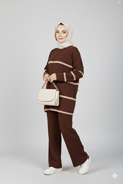 NİCE Brown Two-Color Striped Hijab Knitwear Set