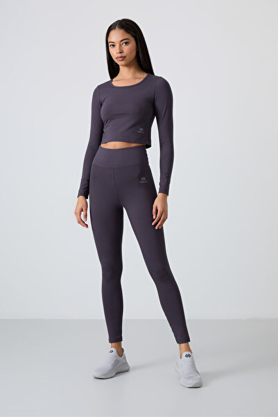 TOMMY LIFE High Waist Anthracite Slim Fit Crop Top and Leggings Set - Long Sleeve - 95286