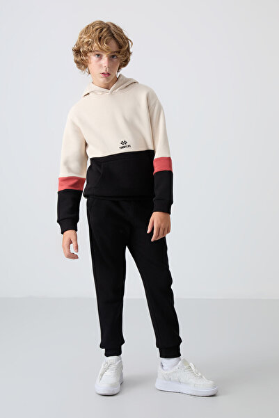 TOMMY LIFE Бежово-черно памучно дебело флисово подплатено стандартно кройка бродирано момчешко спортно облекло - 11255