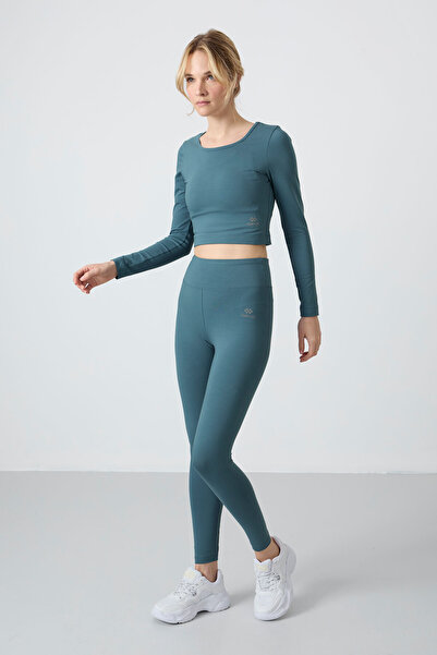 TOMMY LIFE Forest Green Slim Fit Crop Top and Leggings Set - High Waist, Long Sleeve - 95286