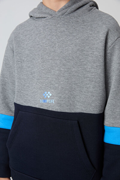 TOMMY LIFE Γκρι μελανζέ βαμβακερό χοντρό και χοντρό εσωτερικό κορδόνι Standard Fit Κεντημένο αγορίστικο κοστούμι αθλητικής φόρμας - 11255