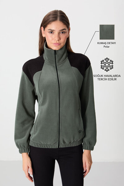 TOMMY LIFE Stand Collar Embroidered Oversize Khaki Women's Fleece Sweatshirt ...