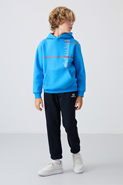 TOMMY LIFE Námořnická modrá Bavlna Silně chlupatá uvnitř Měkká textura Standardní střih Chlapecké tepláky s potiskem - 11225