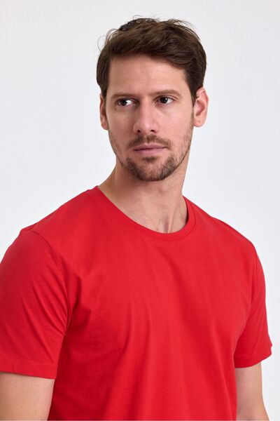 COMBİNE MİCHAİL Red Men's Slim Fit Crew Neck 100% Cotton T-Shirt