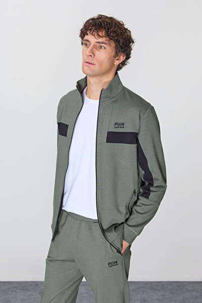 AIR JONES Khaki Embroidered Men's Tracksuit Set - Textured Surface, Standard Fit - 85248