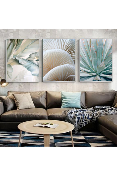 KOLAJTASARIM Modern Botanik Elegans: Pastel Yaprak ve Sukulent Üçlü Tablo Seti