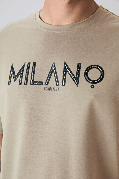 TOMMY LIFE Μπεζ ανδρικό μπλουζάκι με στάμπα μεγάλου μεγέθους - Χοντρό μαλακό βαμβάκι, 88345