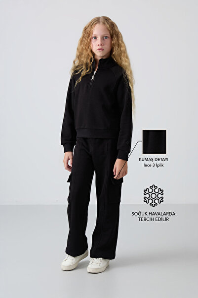 TOMMY LIFE Set de trening brodat pentru fete - bumbac negru, grămadă în inter...
