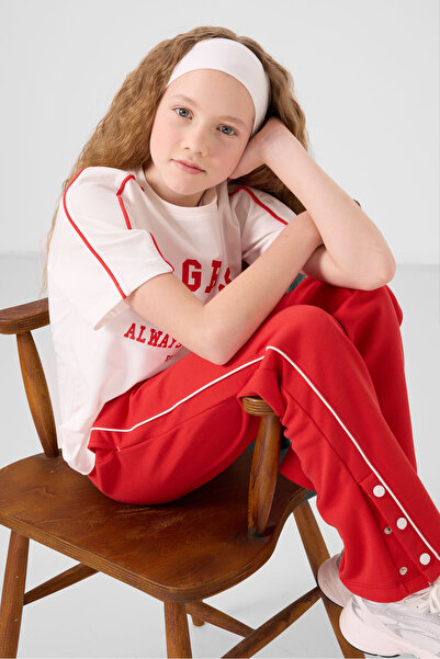 TOMMY LIFE Ecru-Fiesta O Neck Printed Wide Leg Snap Detailed Girl's Palazzo T...