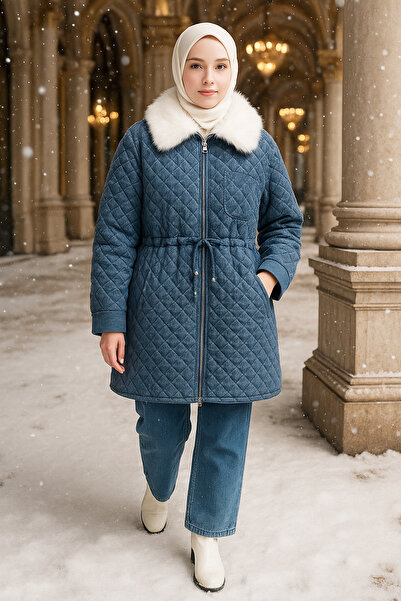 Lale Butik Fur Detail Zipper Detail Quilted Bomber Jacket 14268 Blue