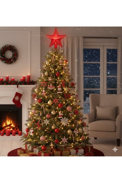 DODOMAR Christmas Tree Topper (15 cm) - Red Colored Striped Star Luxury Pine Tree Decoration