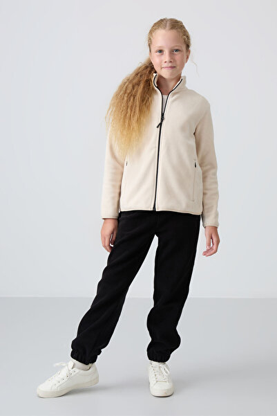 TOMMY LIFE Bej Kalın Yumuşak Dokulu Standart Fit Nakışlı Polar Kız Çocuk Swea...