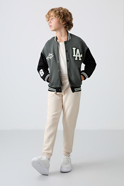 TOMMY LIFE Χακί βαμβακερό μπουφάν με χοντρή επένδυση από χνούδι, μαλακή υφή, κανονική εφαρμογή, κεντημένο αγορίστικο κολεγιακό μπουφάν - 11258