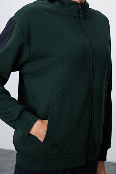 TOMMY LIFE Γυναικείο σετ αθλητικής φόρμας με χοντρή κουκούλα από βαμβακερό πράσινο-μπλε χρώμα - 95343