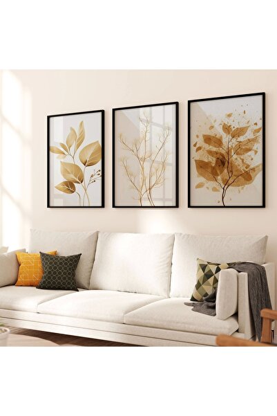 KOLAJTASARIM Brown Branches Themed Triple Metal Framed Painting Set /S