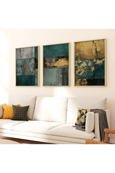 KOLAJTASARIM Altın Dokunuş: Turkuaz ve Gri Üçlü Metal Çerçeveli Tablo Takımı