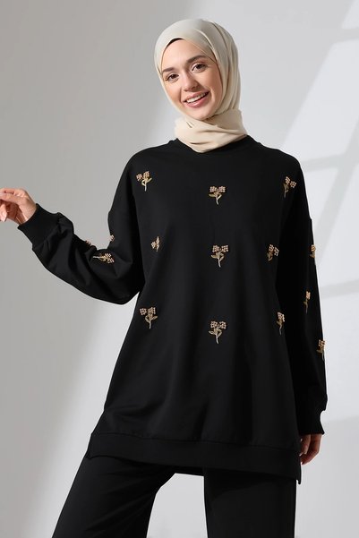 Mihran Butik Women's Black Seasonal Combed Cotton Bottom Top Sports and Comfortable Hijab Suit