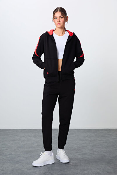 TOMMY LIFE Black Compact Cotton Thick Smooth Textured Hooded Oversize Fit Women's Tracksuit Set - 95343
