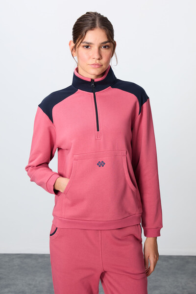 TOMMY LIFE Wild Rose kompakt pamut vastag, sima textúrájú állógallér, túlméretezett női tréningruha - 95342
