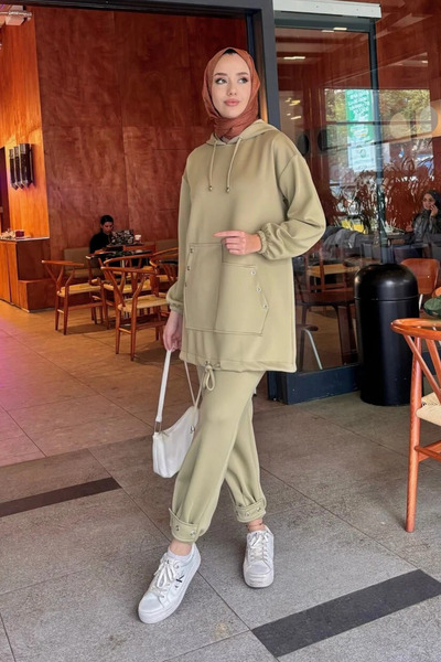 Tesettür Diyarı Πράσινο Μέντα Ασύμμετρο Σετ Καταδυτικής Ένδυσης με Καπέλο - Γ...