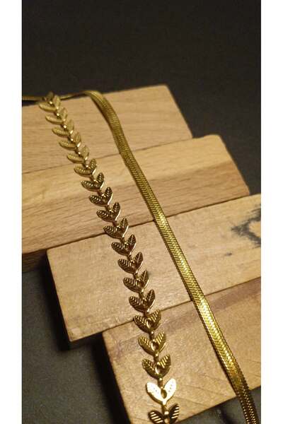 MİNXİLA Çelik Kolye - Başak Model Ve Yılan Zincirli Kombin Kolye - Zincer Kolye