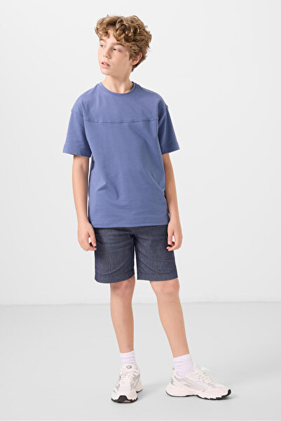 TOMMY LIFE Dark Blue-Denim Navy Blue Cotton Oversize Fit Woven Light Stretch Chino Boy's Shorts Suit - 11279