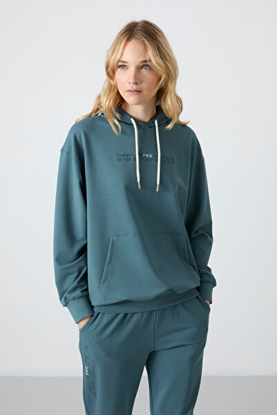 TOMMY LIFE Γυναικεία αθλητική φόρμα Forest Green Oversize - Hooded, Rubber Leg, Kangaroo Pocket - 95288