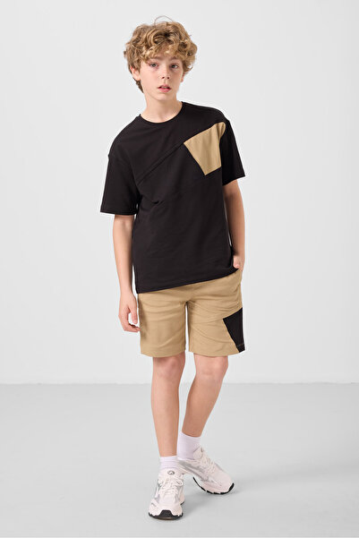 TOMMY LIFE Μαύρο-Σκούρο Μπεζ Βαμβακερό Oversize Fit Υφαντό ελαφρύ εύκαμπτο ανδρικό σορτς Chino - 11275