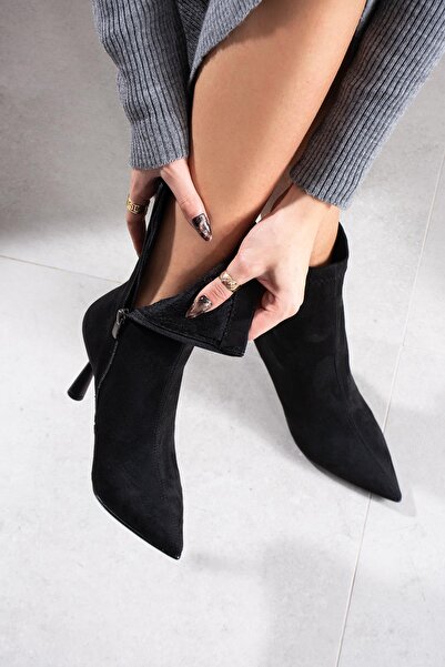 FSKOMBİN Lenka Siyah Süet Kadın İnce Topuklu Bot
