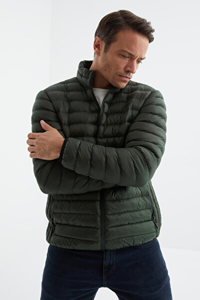 TOMMY LIFE Khaki Zippered Standard Fit Cold Resistant Men's Puffer Coat - 88166